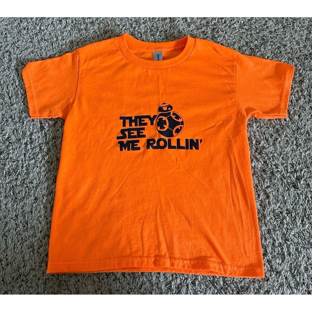 Gildan Boys Orange "They See Me Rollin" Short Sleeve Tee Size XS - Picture 1 of 4